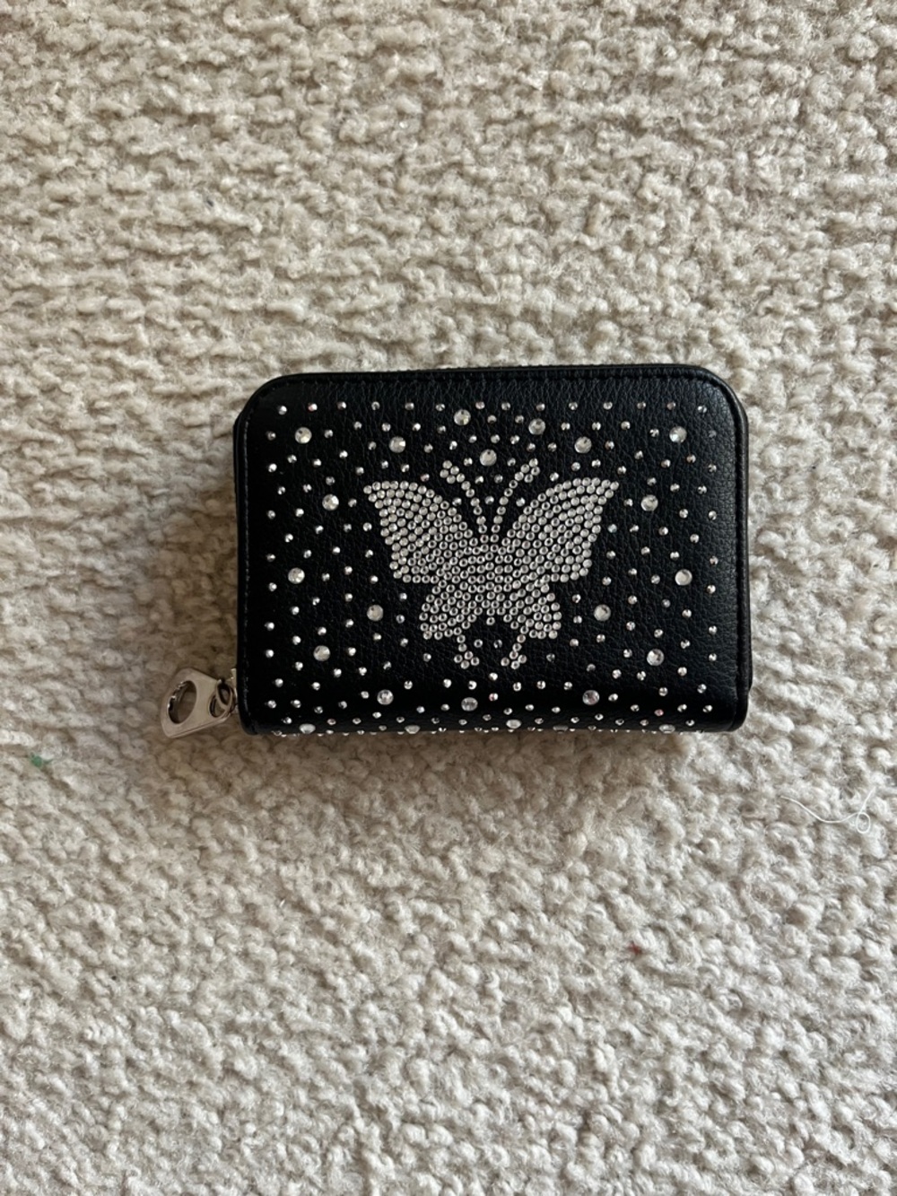 Black Rhinestone Butterfly Zip Wallet